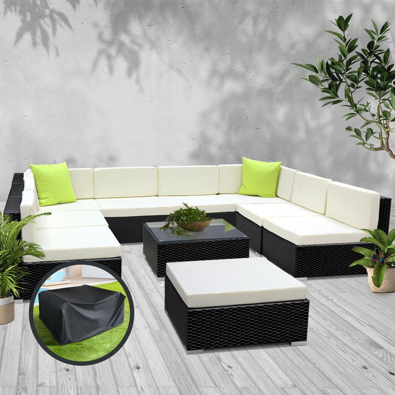10 Piece Wicker Outdoor Lounge with Storage Cover - Beige - Rivercity House & Home Co. (ABN 18 642 972 209) - Affordable Modern Furniture Australia