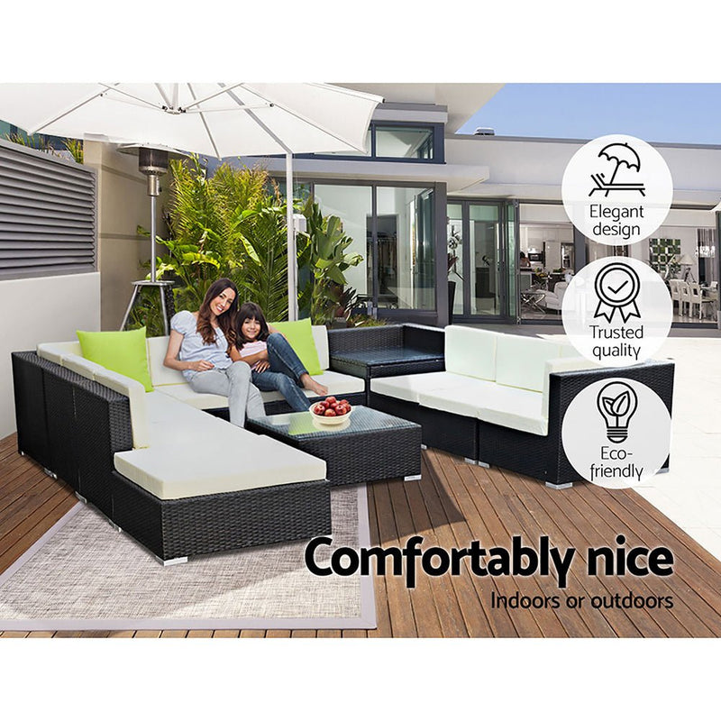 11 Piece Wicker Outdoor Lounge with Storage Cover - Beige - Rivercity House & Home Co. (ABN 18 642 972 209) - Affordable Modern Furniture Australia