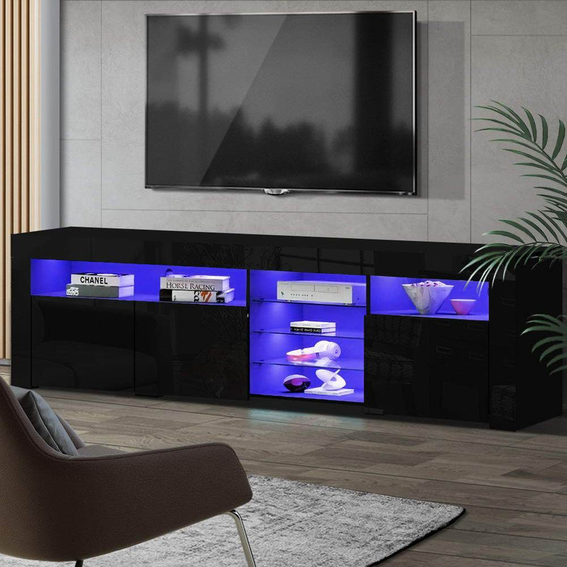 180CM LED Entertainment Unit in Glossy Black Finish 3 x Cupboards - Furniture - Rivercity House & Home Co. (ABN 18 642 972 209) - Affordable Modern Furniture Australia