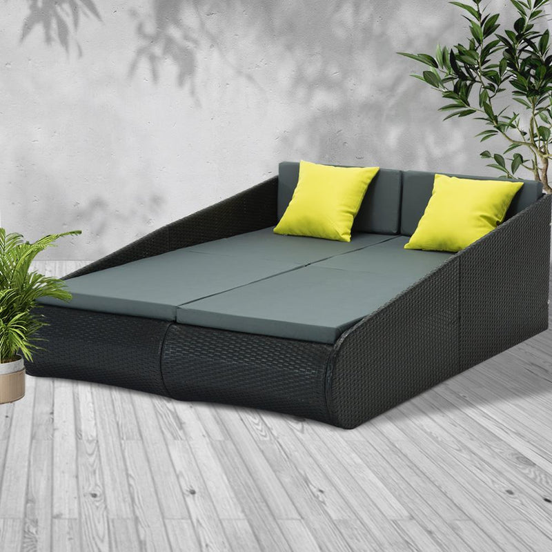 2 Seat PE Wicker Sun Lounge Daybed - Black - Furniture > Outdoor - Rivercity House & Home Co. (ABN 18 642 972 209) - Affordable Modern Furniture Australia