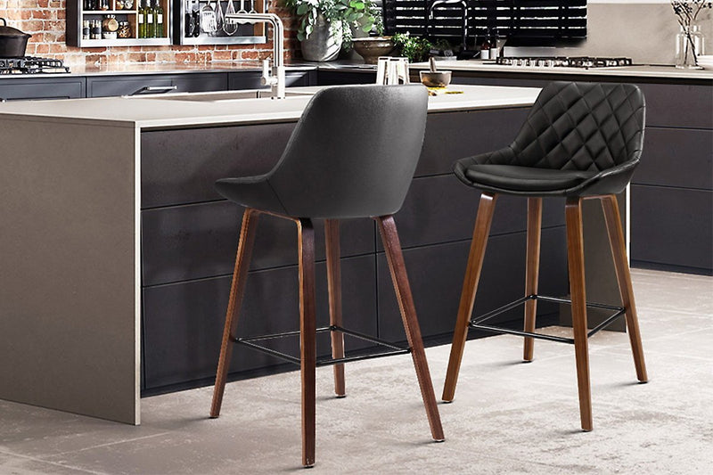 2 x Bar Stools Bentwood PU Leather Diamond Pleat - Black - Furniture > Bar Stools & Chairs - Rivercity House And Home Co.
