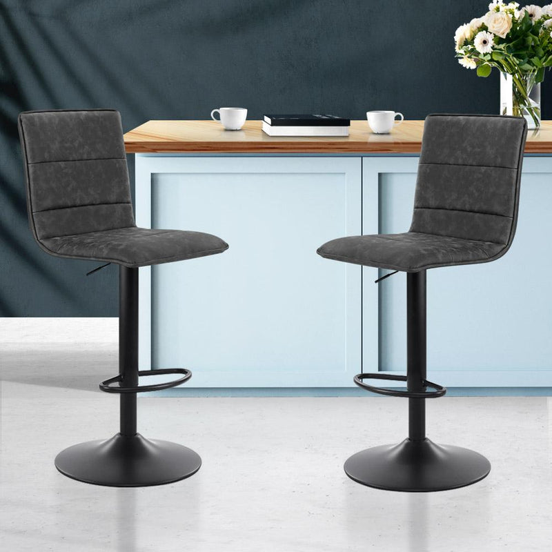 2 x Bar Stools PU Leather Smooth Line Style - Grey and Black - Furniture > Bar Stools & Chairs - Rivercity House And Home Co.