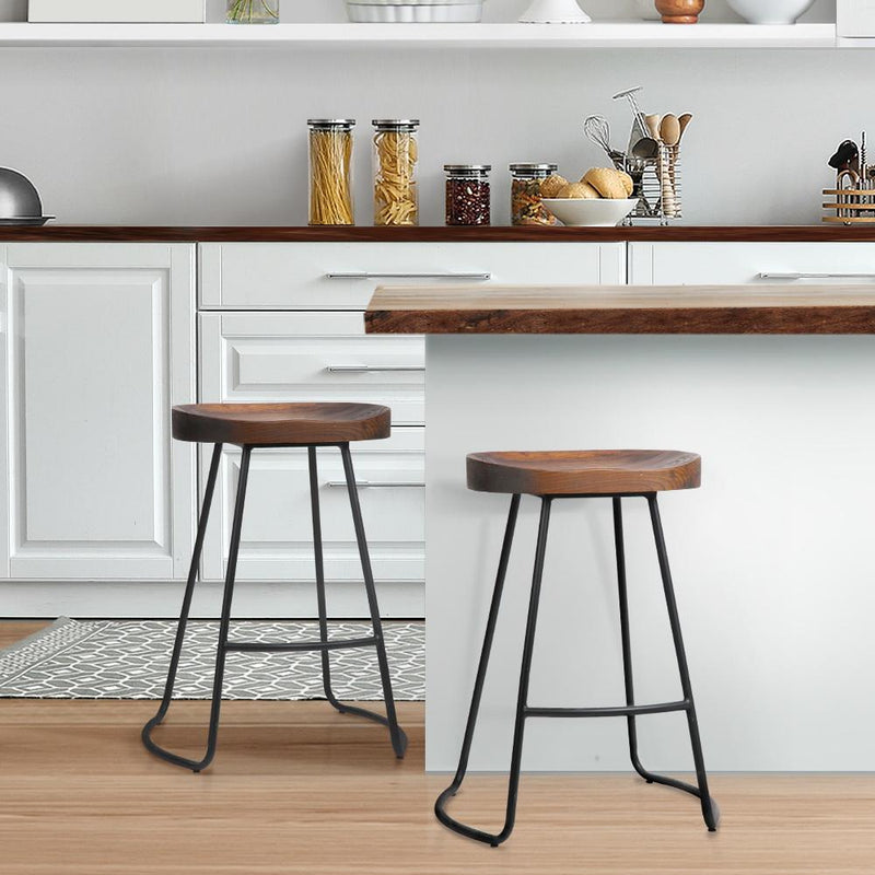 2 x Elm Wood Backless Bar Stools 65cm - Black and Dark Natural - Furniture > Bar Stools & Chairs - Rivercity House And Home Co.
