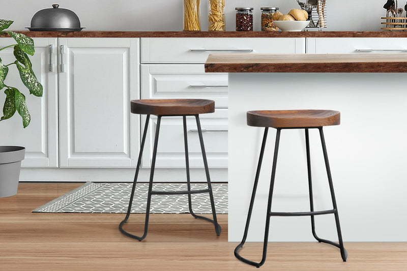 2 x Elm Wood Backless Bar Stools 65cm - Black and Dark Natural - Furniture > Bar Stools & Chairs - Rivercity House And Home Co.