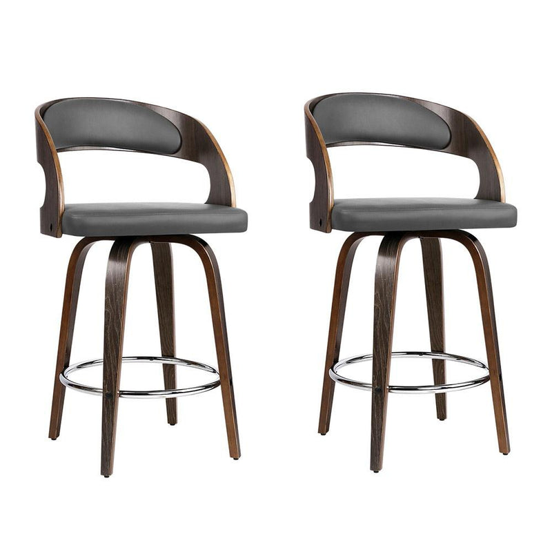 2 x Walnut Wooden PU Leather Bar Stools - Grey and Walnut - Rivercity House & Home Co. (ABN 18 642 972 209) - Affordable Modern Furniture Australia