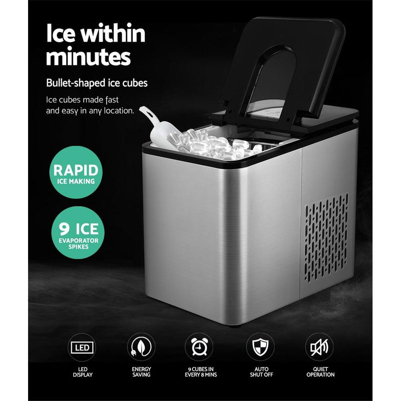 2.2L Ice Maker 12KG Portable Ice Makers Cube Tray Bar Home Countertop Silver - Appliances - Rivercity House & Home Co. (ABN 18 642 972 209) - Affordable Modern Furniture Australia