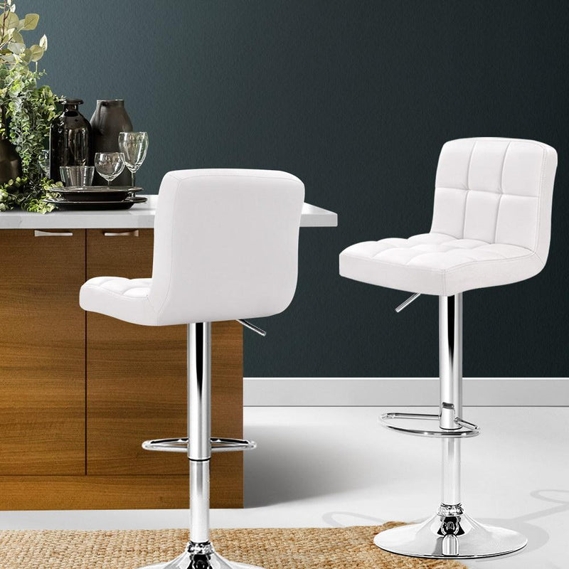 2x Bar Stools Gas lift Swivel Chairs Kitchen Armrest Leather Chrome White - Furniture - Rivercity House And Home Co.