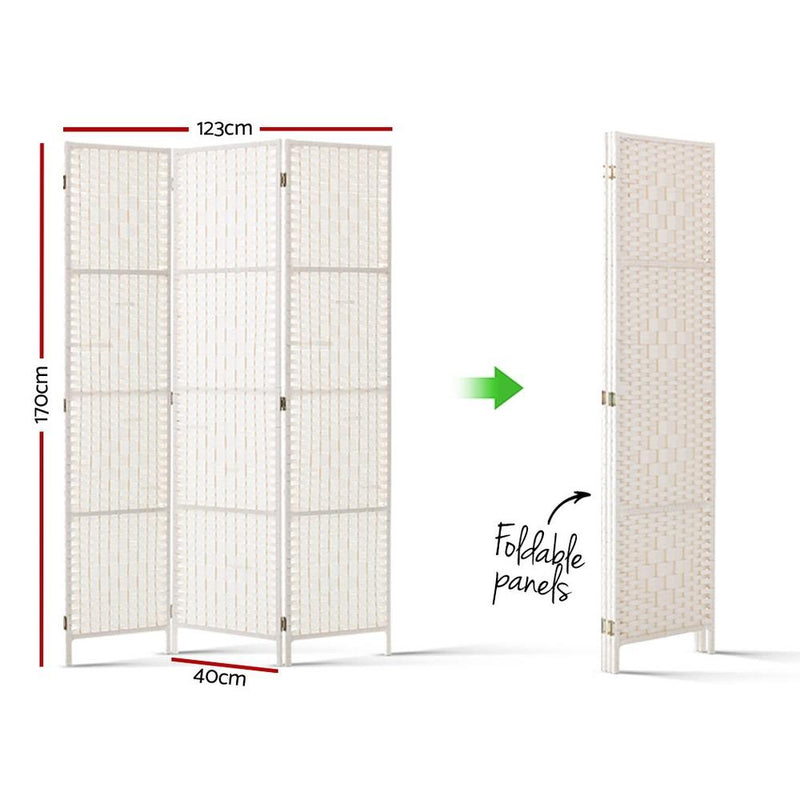 3 Panels Room Divider Screen Privacy Rattan Timber Fold Woven Stand White - Furniture > Living Room - Rivercity House & Home Co. (ABN 18 642 972 209) - Affordable Modern Furniture Australia