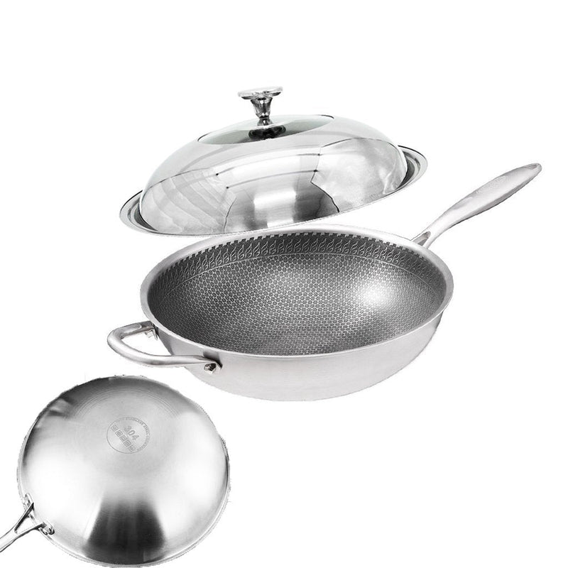 304 Stainless Steel 32cm Non-Stick Stir Fry Cooking Kitchen Wok Pan with Lid Honeycomb Single Sided - Home & Garden > Kitchenware - Rivercity House & Home Co. (ABN 18 642 972 209) - Affordable Modern Furniture Australia