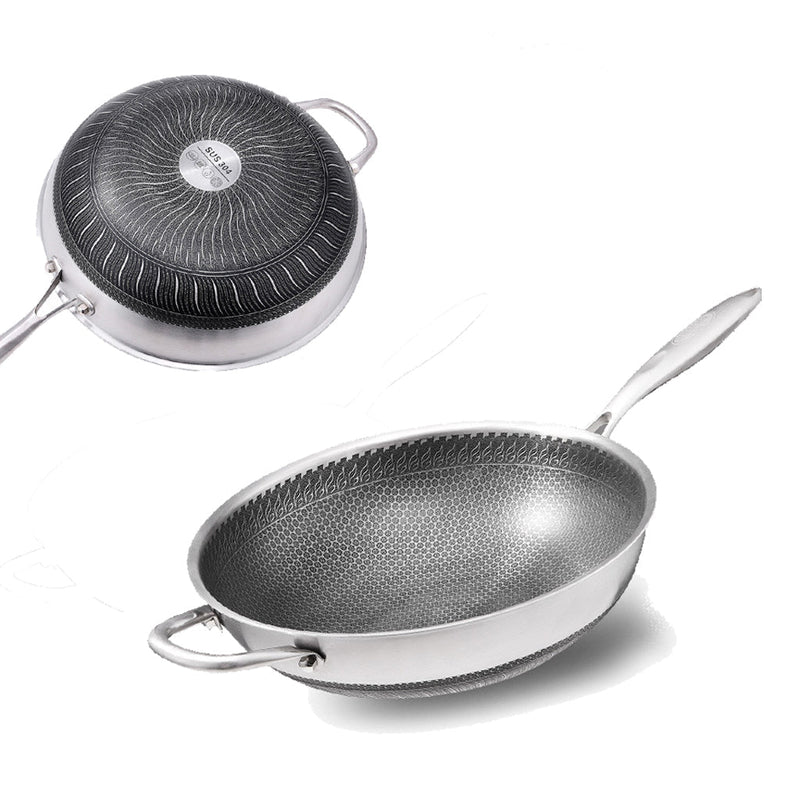 304 Stainless Steel 34cm Non-Stick Stir Fry Cooking Kitchen Wok Pan with Lid Honeycomb Double Sided - Home & Garden > Kitchenware - Rivercity House & Home Co. (ABN 18 642 972 209) - Affordable Modern Furniture Australia