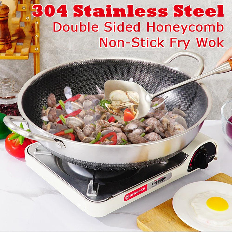 304 Stainless Steel 38cm Non-Stick Stir Fry Cooking Kitchen Double Ear Wok Pan without Lid Honeycomb Double Sided - Home & Garden > Kitchenware - Rivercity House & Home Co. (ABN 18 642 972 209) - Affordable Modern Furniture Australia