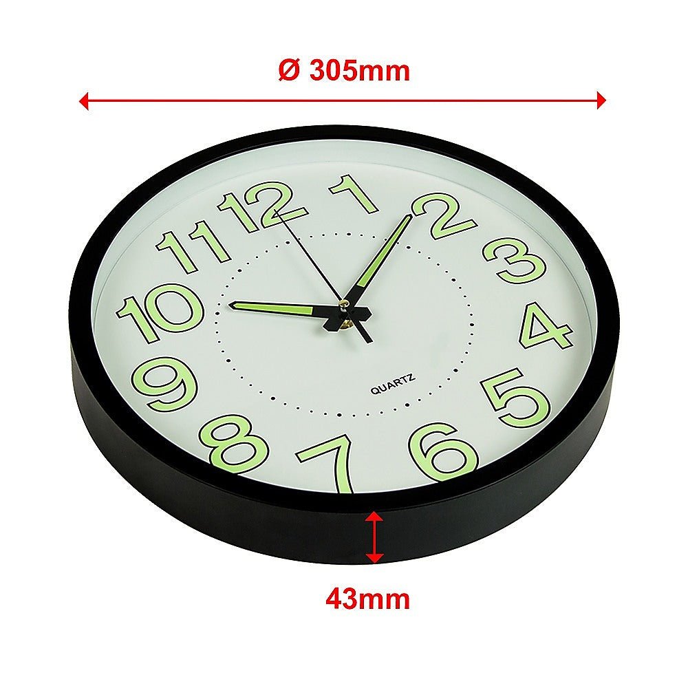 305mm Luminous Wall Clock Glow In The Dark Silent Quartz Indoor Home Modern Clock - Home & Garden > Decor - Rivercity House & Home Co. (ABN 18 642 972 209) - Affordable Modern Furniture Australia