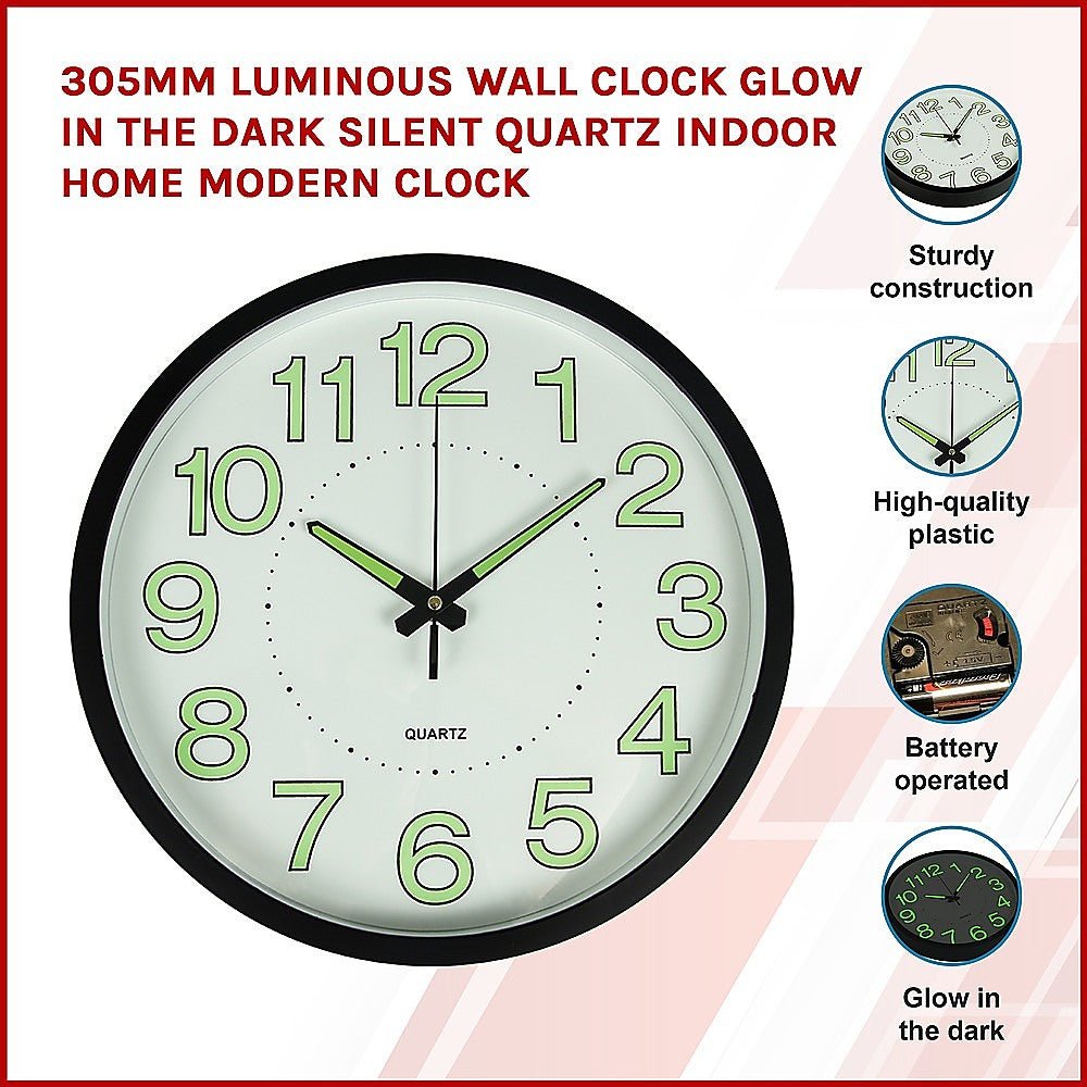 305mm Luminous Wall Clock Glow In The Dark Silent Quartz Indoor Home Modern Clock - Home & Garden > Decor - Rivercity House & Home Co. (ABN 18 642 972 209) - Affordable Modern Furniture Australia