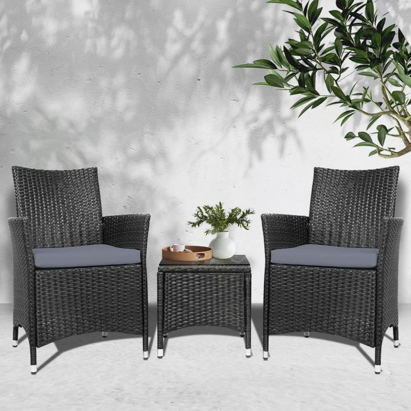 3pc Black Bistro Wicker Outdoor Furniture Set - Rivercity House & Home Co. (ABN 18 642 972 209) - Affordable Modern Furniture Australia