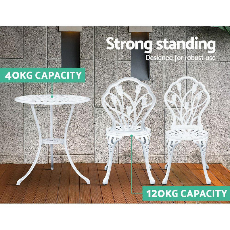 3PC Outdoor Setting Cast Aluminium Bistro Table Chair Patio White - Furniture > Outdoor - Rivercity House And Home Co.