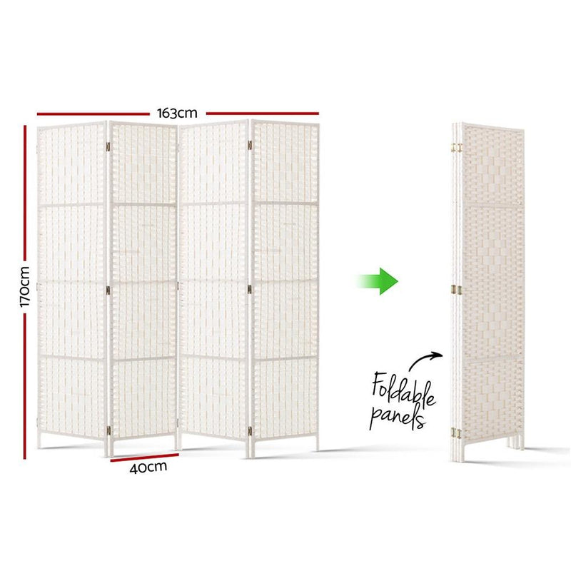 4 Panels Room Divider Screen Privacy Rattan Timber Fold Woven Stand White - Rivercity House & Home Co. (ABN 18 642 972 209) - Affordable Modern Furniture Australia