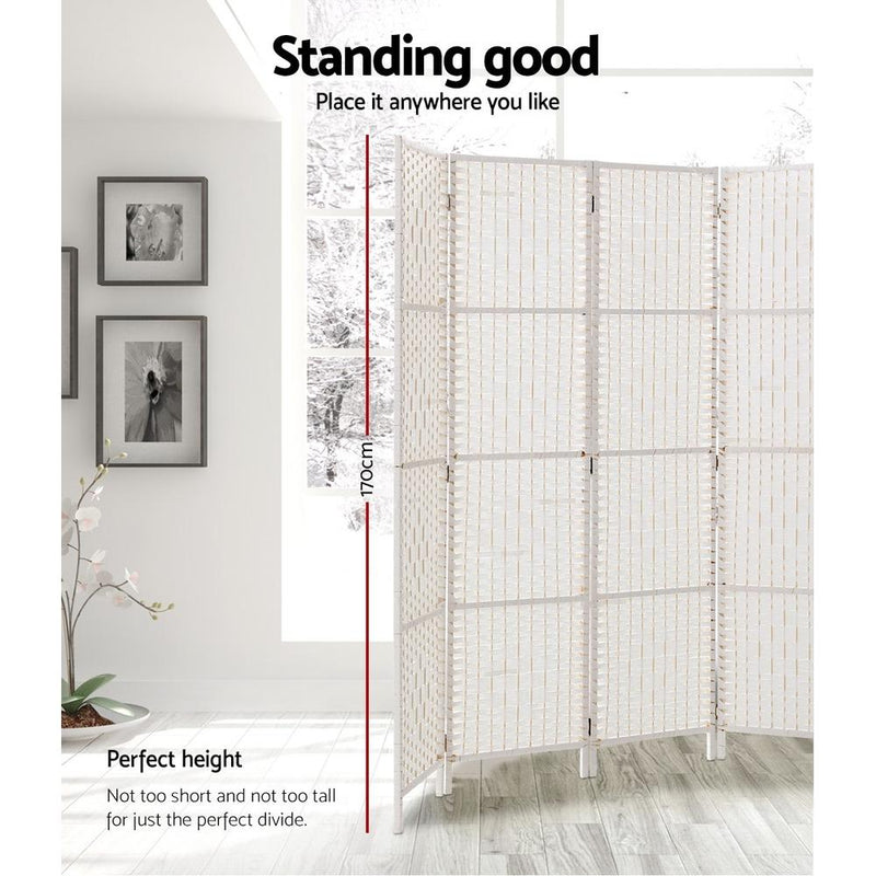 4 Panels Room Divider Screen Privacy Rattan Timber Fold Woven Stand White - Rivercity House & Home Co. (ABN 18 642 972 209) - Affordable Modern Furniture Australia