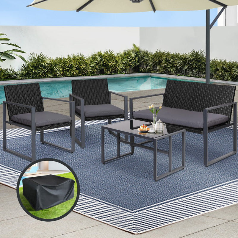 4 Piece Outdoor Wicker Furniture Set With Cover - Furniture > Outdoor - Rivercity House & Home Co. (ABN 18 642 972 209) - Affordable Modern Furniture Australia