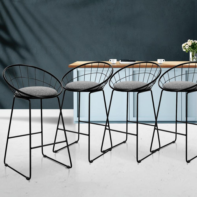 4x Nordic Bar Stools Metallic Bar Stool Kitchen Chairs Fabric Grey Black - Furniture - Rivercity House And Home Co.