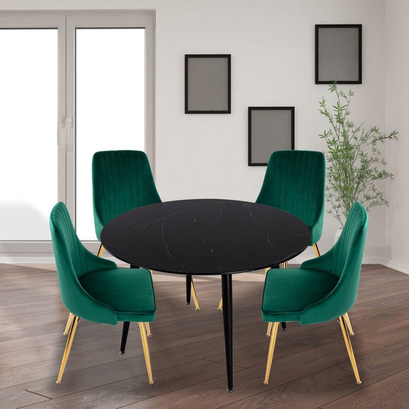 5 Piece Round Black Dining Table and Green Velvet Chair Set - Furniture > Outdoor - Rivercity House & Home Co. (ABN 18 642 972 209)