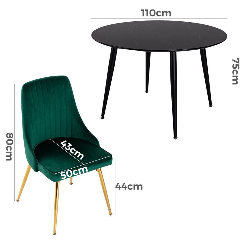 5 Piece Round Black Dining Table and Green Velvet Chair Set - Furniture > Outdoor - Rivercity House & Home Co. (ABN 18 642 972 209)
