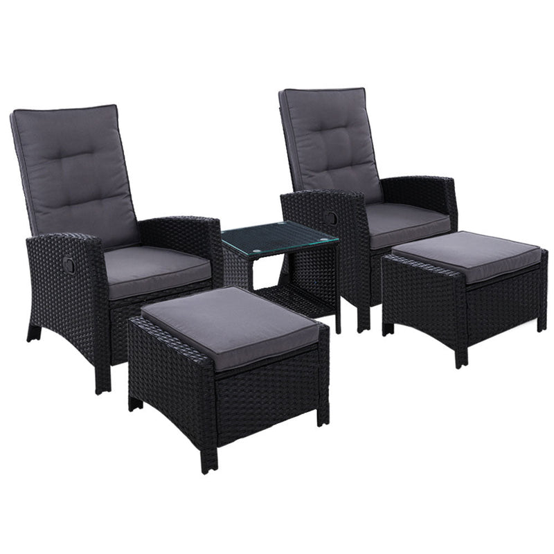 5 Piece Wicker Recliner Chairs and Table Package with Ottomans (Black) - Furniture > Outdoor - Rivercity House & Home Co. (ABN 18 642 972 209)