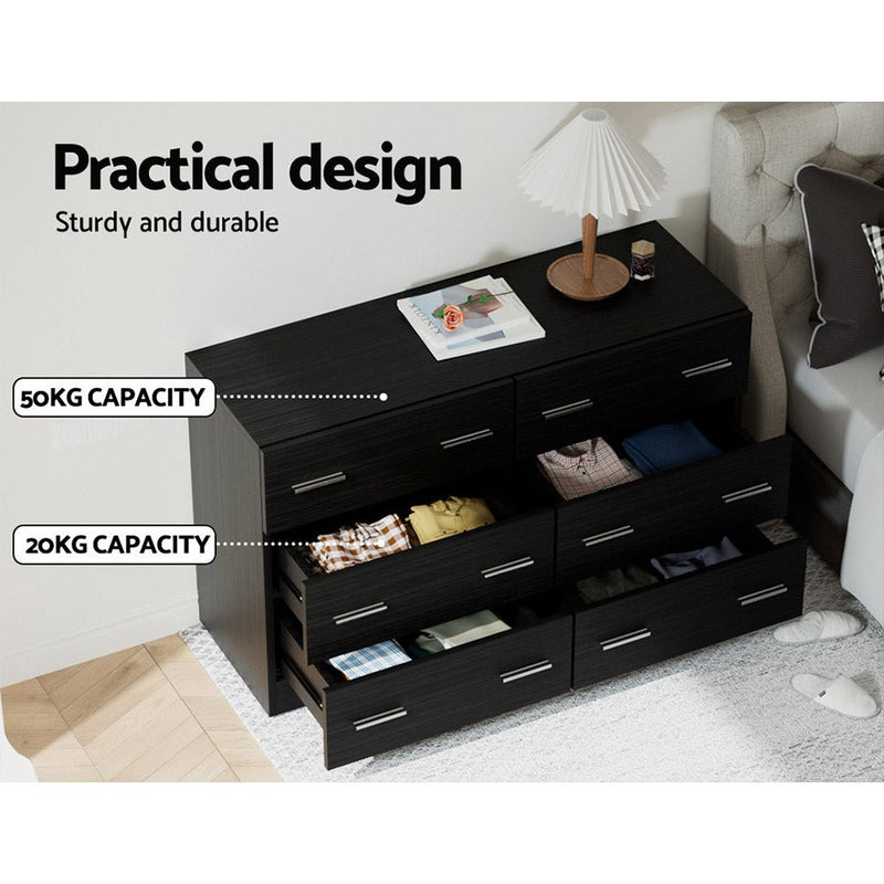 6 Drawer Cabinet Lowboy Dresser (Black) - Furniture > Bedroom - Rivercity House & Home Co. (ABN 18 642 972 209) - Affordable Modern Furniture Australia