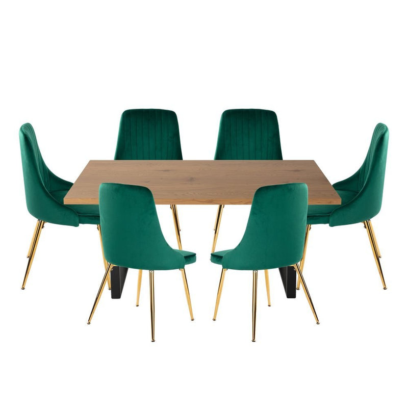 7 Piece Dining Set with Matching Rectangular Table and 6 Green Velvet Chairs - Furniture > Outdoor - Rivercity House & Home Co. (ABN 18 642 972 209)