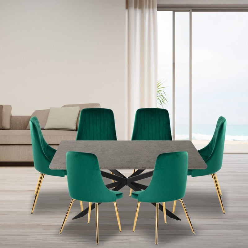 7 Piece Dining Set with Rectangular Table and 6 Green Velvet Chairs - Furniture > Outdoor - Rivercity House & Home Co. (ABN 18 642 972 209) - Affordable Modern Furniture Australia