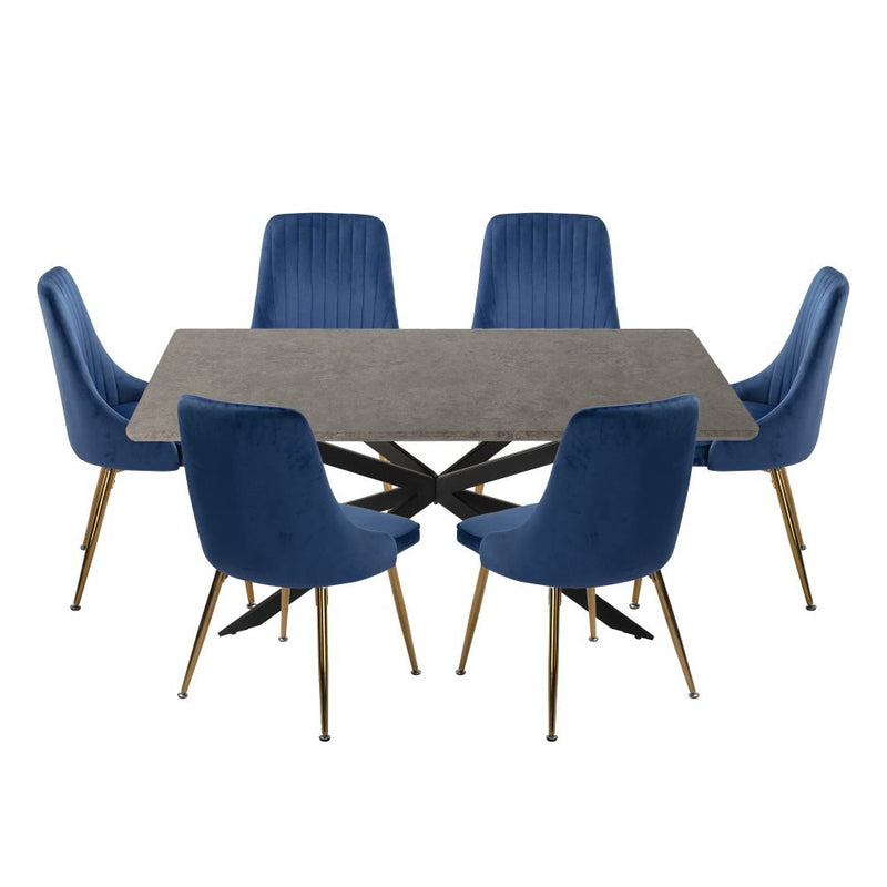 7 Piece Dining Set with Rectangular Table and 6 Navy Velvet Chairs - Furniture > Outdoor - Rivercity House & Home Co. (ABN 18 642 972 209)