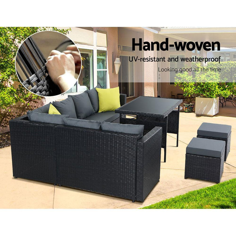 Hamilton 8 Seat Corner Outdoor Dining Setting - Black With Grey Cushions - Rivercity House & Home Co. (ABN 18 642 972 209) - Affordable Modern Furniture Australia