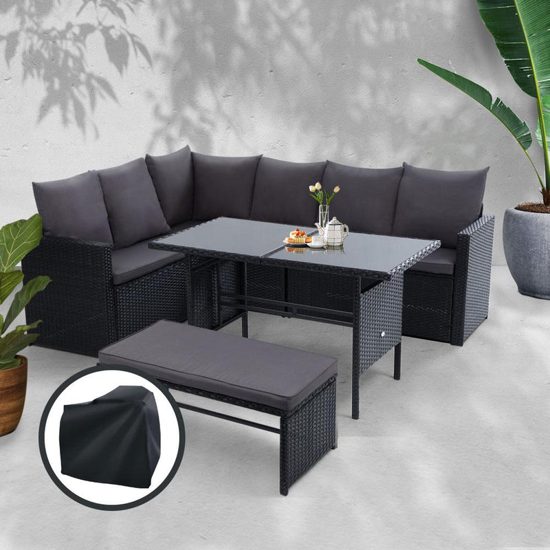 8 Seat Wicker Outdoor Lounge Setting with Storage Cover - Black - Rivercity House & Home Co. (ABN 18 642 972 209) - Affordable Modern Furniture Australia