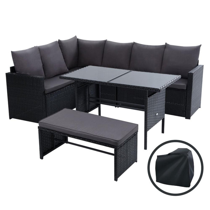 8 Seat Wicker Outdoor Lounge Setting with Storage Cover - Black - Rivercity House & Home Co. (ABN 18 642 972 209) - Affordable Modern Furniture Australia