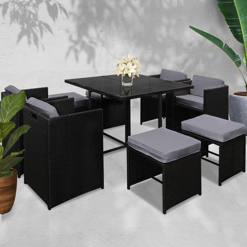 9 Piece Hawaii Series Wicker Outdoor Dining Set (Black & Grey) - Rivercity House & Home Co. (ABN 18 642 972 209) - Affordable Modern Furniture Australia