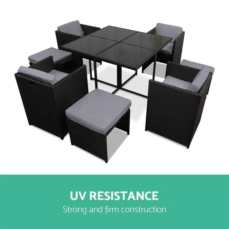 9 Piece Hawaii Series Wicker Outdoor Dining Set (Black & Grey) - Furniture - Rivercity House And Home Co.