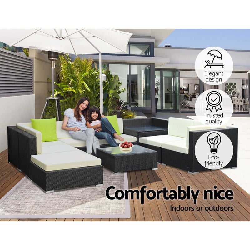9 Piece Wicker Outdoor Lounge with Storage Cover - Beige - Rivercity House & Home Co. (ABN 18 642 972 209) - Affordable Modern Furniture Australia