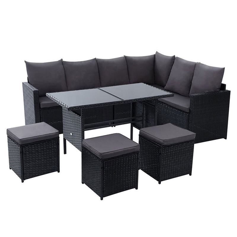 9 Seat Wicker Outdoor Lounge Setting with Storage Cover - Black - Rivercity House & Home Co. (ABN 18 642 972 209) - Affordable Modern Furniture Australia
