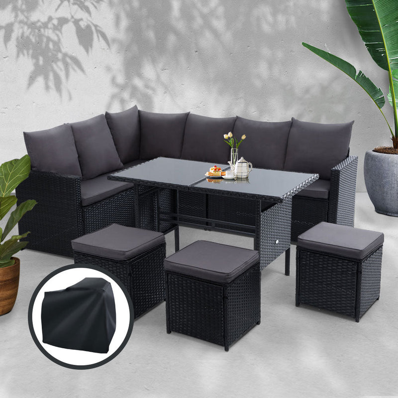 9 Seat Wicker Outdoor Lounge Setting with Storage Cover - Black - Rivercity House & Home Co. (ABN 18 642 972 209) - Affordable Modern Furniture Australia