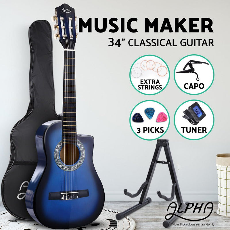 Alpha 34 Inch Acoustic Guitar Wooden Body Steel String w/ Stand Beignner Blue - Audio & Video > Musical Instrument & Accessories - Rivercity House & Home Co. (ABN 18 642 972 209)