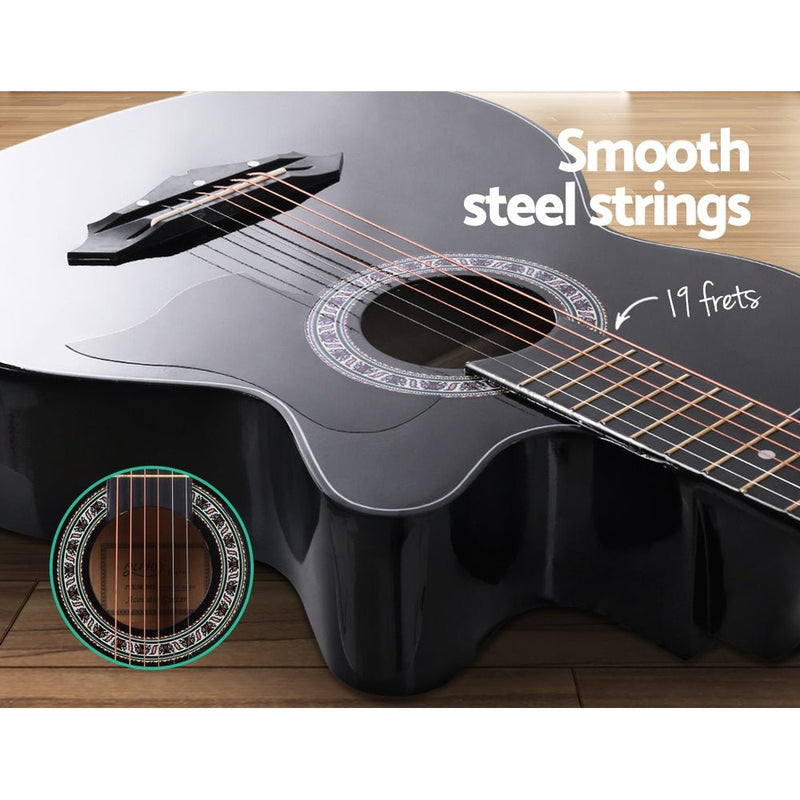 Alpha 38 Inch Acoustic Guitar Wooden Body Steel String Full Size Cutaway Black - Audio & Video > Musical Instrument & Accessories - Rivercity House & Home Co. (ABN 18 642 972 209)