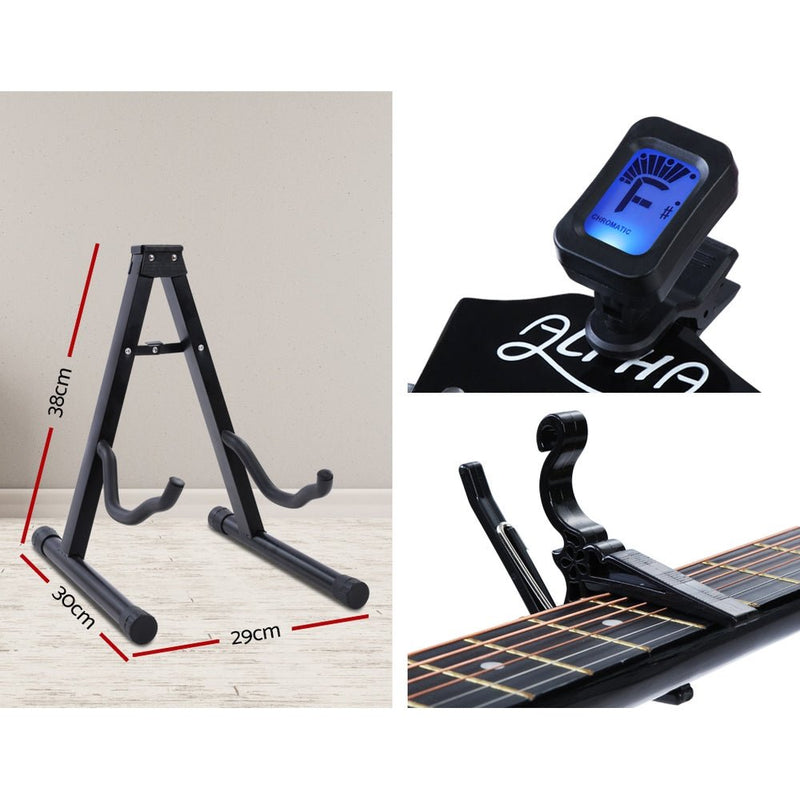 Alpha 38 Inch Acoustic Guitar Wooden Body Steel String Full Size w/ Stand Black - Audio & Video > Musical Instrument & Accessories - Rivercity House & Home Co. (ABN 18 642 972 209)