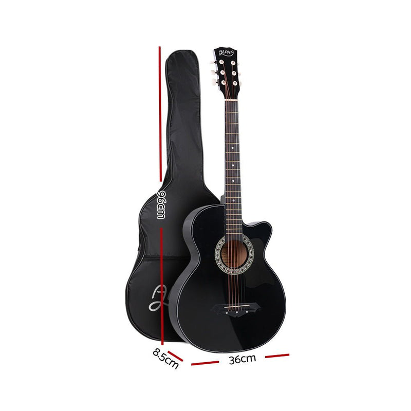 Alpha 38 Inch Acoustic Guitar Wooden Body Steel String Full Size w/ Stand Black - Audio & Video > Musical Instrument & Accessories - Rivercity House & Home Co. (ABN 18 642 972 209)