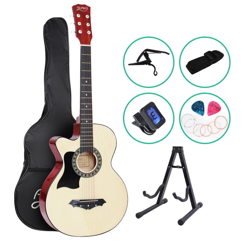 Alpha 38 Inch Acoustic Guitar Wooden Body Steel String w/ Stand Left Handed - Audio & Video > Musical Instrument & Accessories - Rivercity House & Home Co. (ABN 18 642 972 209)