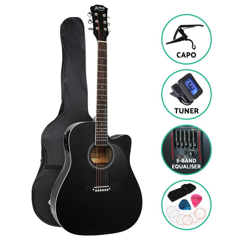 Alpha 41 Inch Acoustic Guitar Equaliser Electric Output Cutaway w/ Stand Black - Audio & Video > Musical Instrument & Accessories - Rivercity House & Home Co. (ABN 18 642 972 209)