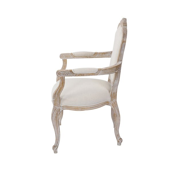 Arm Chair Linen Fabric Beige Oak Wood White Washed Finish - Furniture > Dining - Rivercity House & Home Co. (ABN 18 642 972 209) - Affordable Modern Furniture Australia