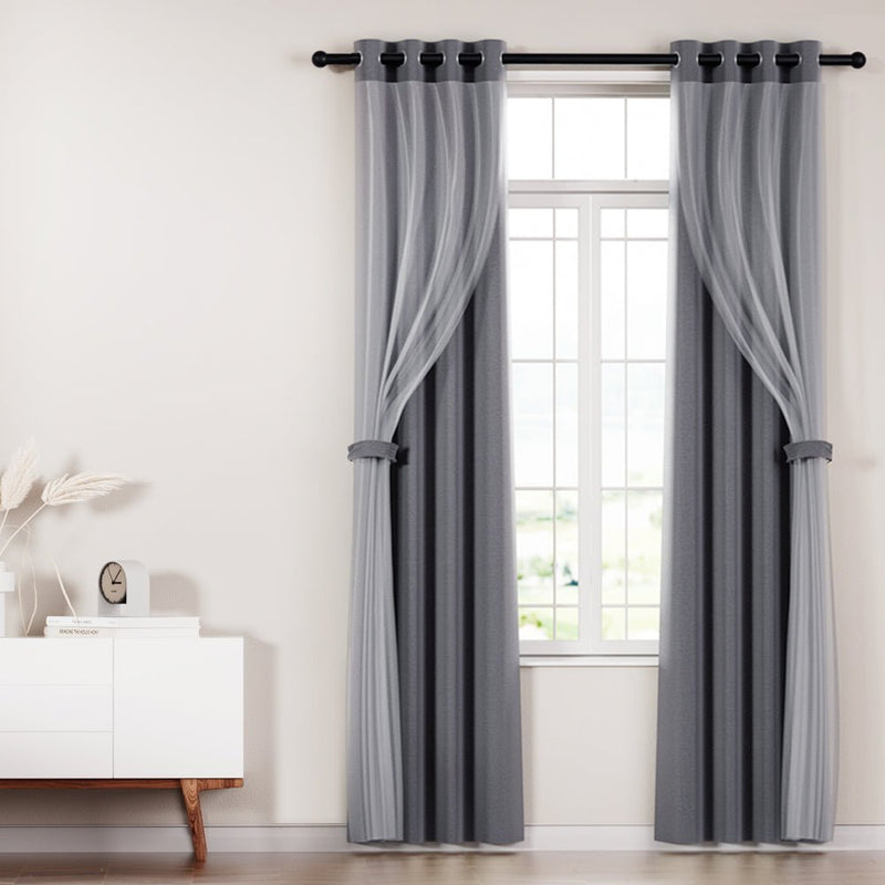 Artiss 2X 132x213cm Blockout Sheer Curtains Charcoal - Home & Garden > Curtains - Rivercity House & Home Co. (ABN 18 642 972 209)
