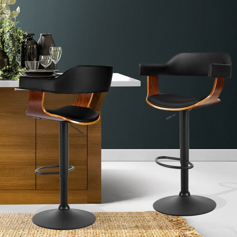 Set of 2 Archer Wooden Bar Stools with Gas Lift Wood & Black Leather - Furniture > Bar Stools & Chairs - Rivercity House & Home Co. (ABN 18 642 972 209) - Affordable Modern Furniture Australia