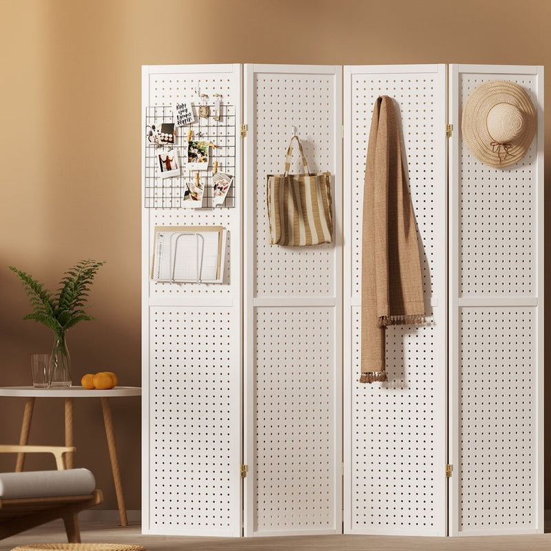 Artiss 4 Panel Room Divider Screen 164x170cm Pegboard White - Furniture > Bedroom - Rivercity House & Home Co. (ABN 18 642 972 209) - Affordable Modern Furniture Australia