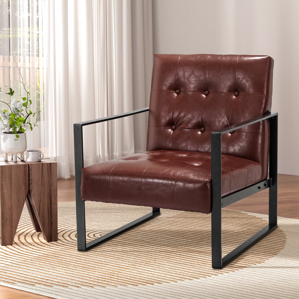 Kora Armchair Lounge Chair - Brown PU Leather With Metal Frame - Furniture > Bar Stools & Chairs - Rivercity House & Home Co. (ABN 18 642 972 209) - Affordable Modern Furniture Australia