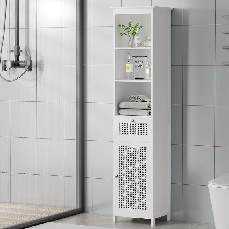 Artiss Bathroom Cabinet Storage 161cm White Rattan Tallboy Toilet Cupboard - Furniture > Bathroom - Rivercity House & Home Co. (ABN 18 642 972 209)